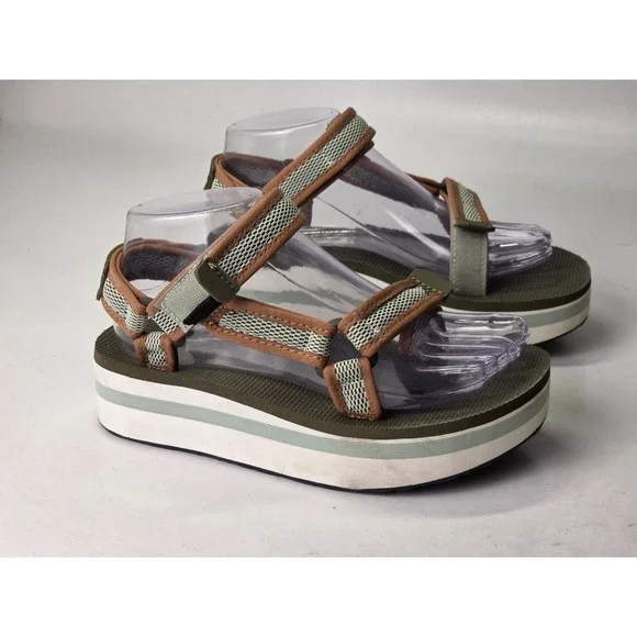 Teva Flatform Women's Sandal Size 6 EU 37 Green Olive Mesh Print Platform Shoes - Picture 1 of 12